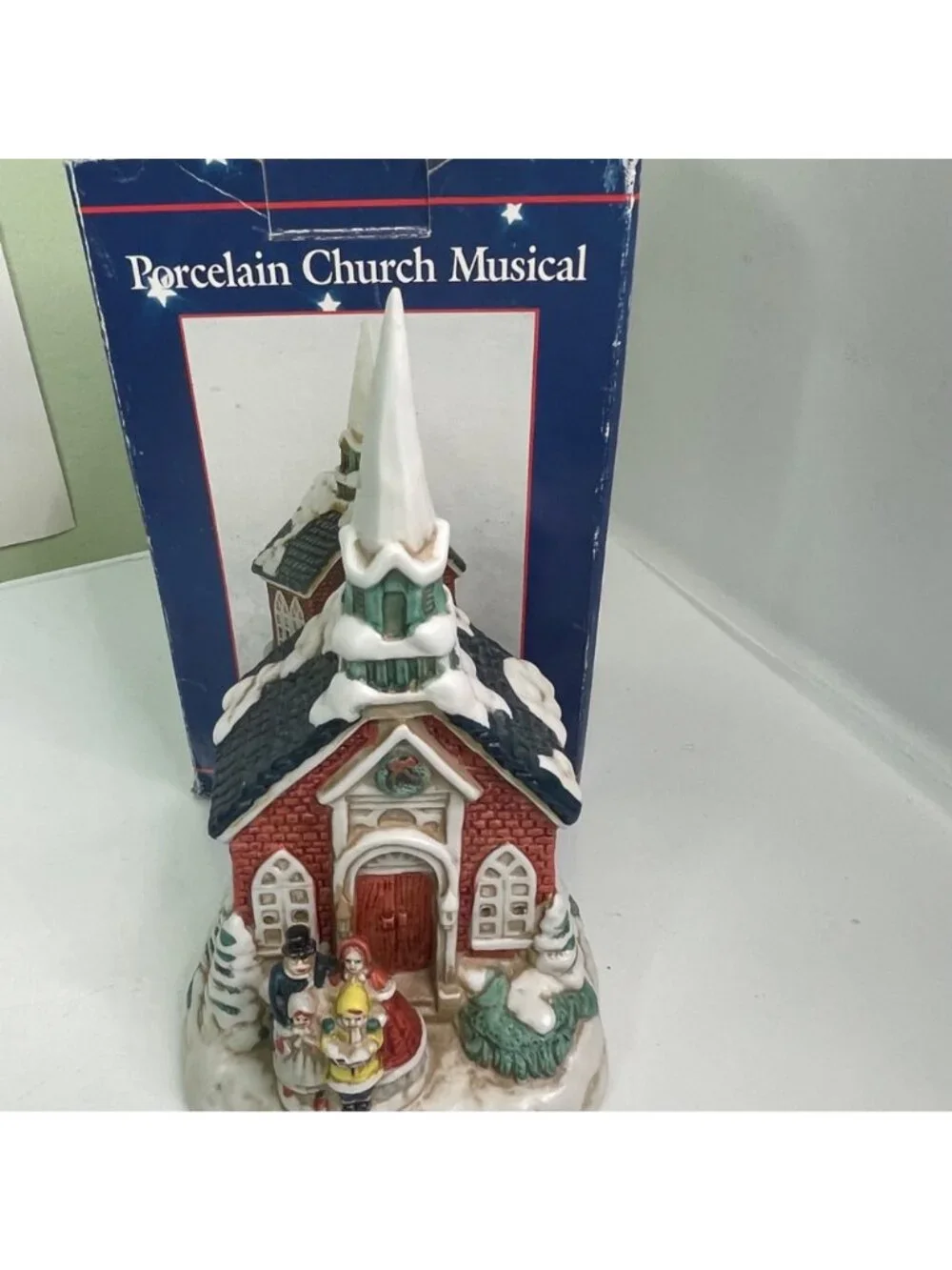 Vintage Brinn's Porcelain Musical Church Joy to the World Christmas Village Box